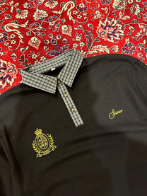 Black Cotton Pique Plaid Polo Longsleeve