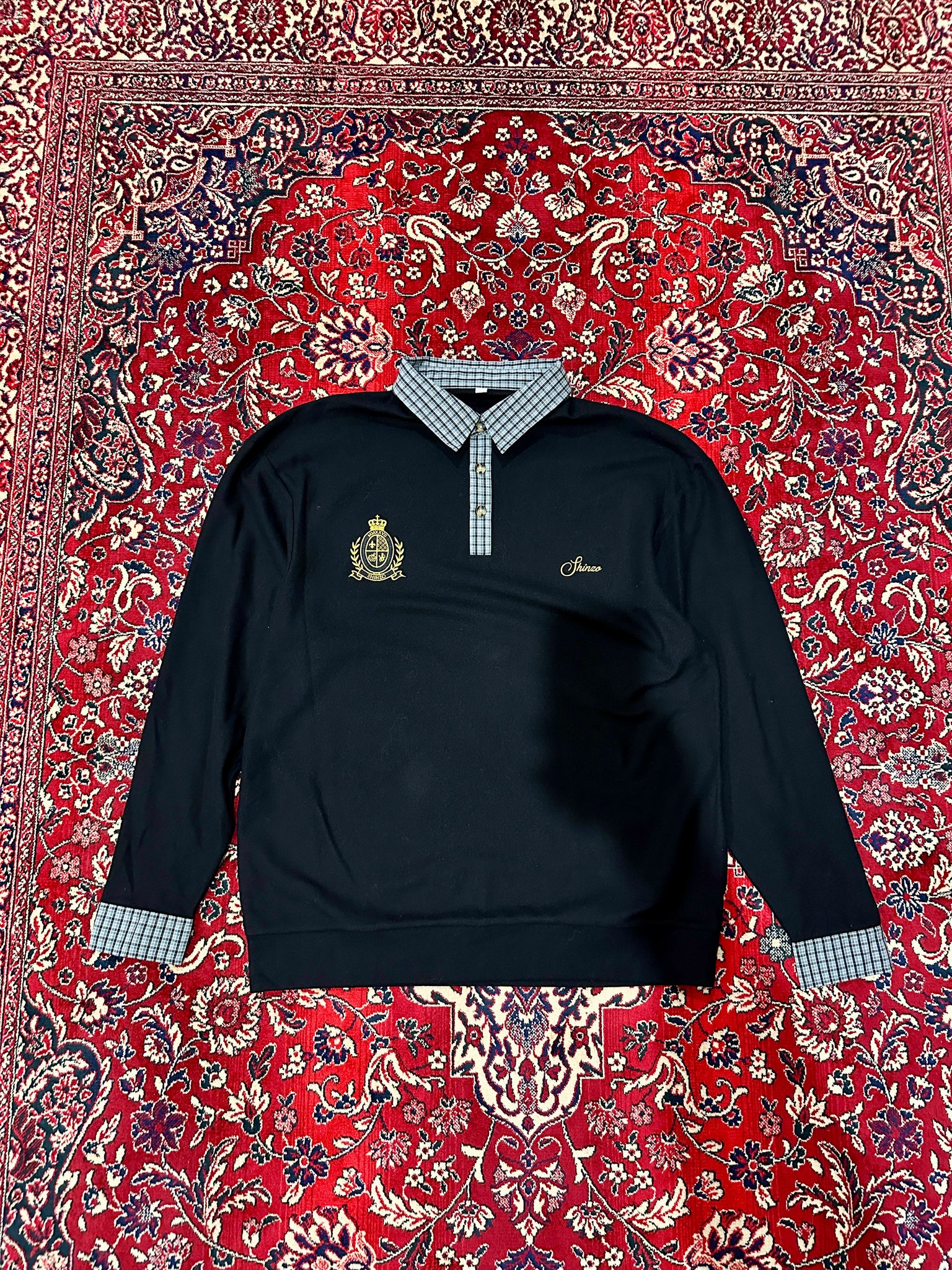 Black Cotton Pique Plaid Polo Longsleeve